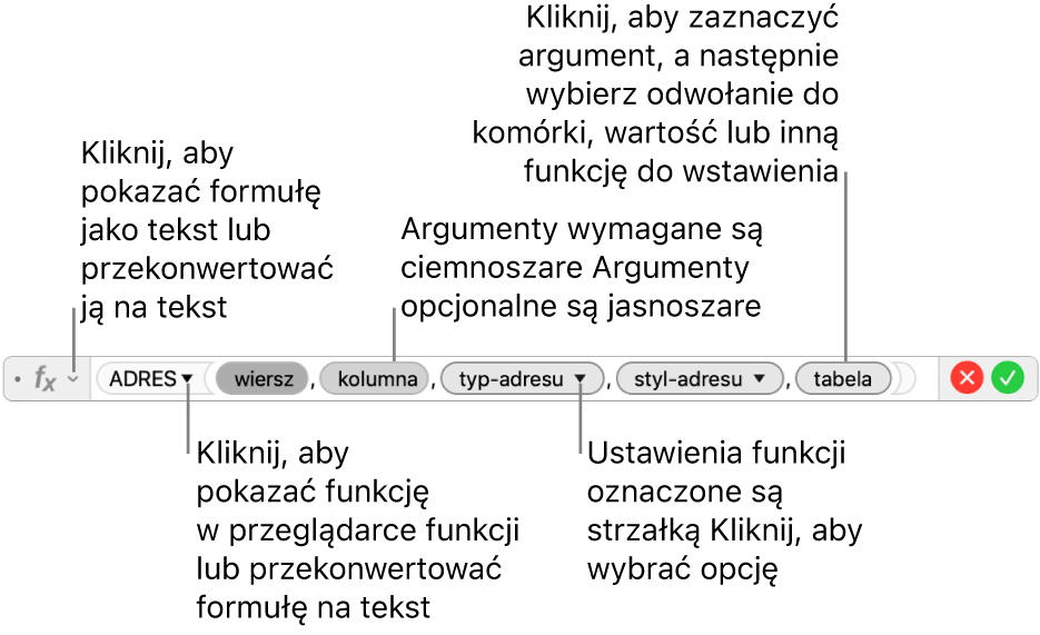 Edytor formuł z funkcją ADRES oraz tokenami jej argumentów.