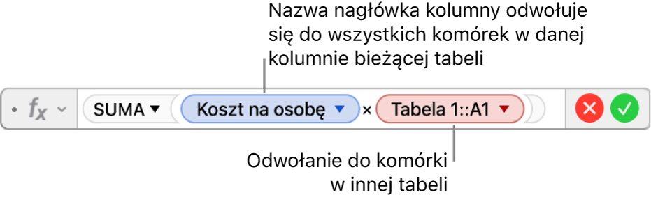 Edytor formuł z trójkątem, w który można kliknąć, aby otworzyć opcje zachowania odniesień do wierszy i kolumn.