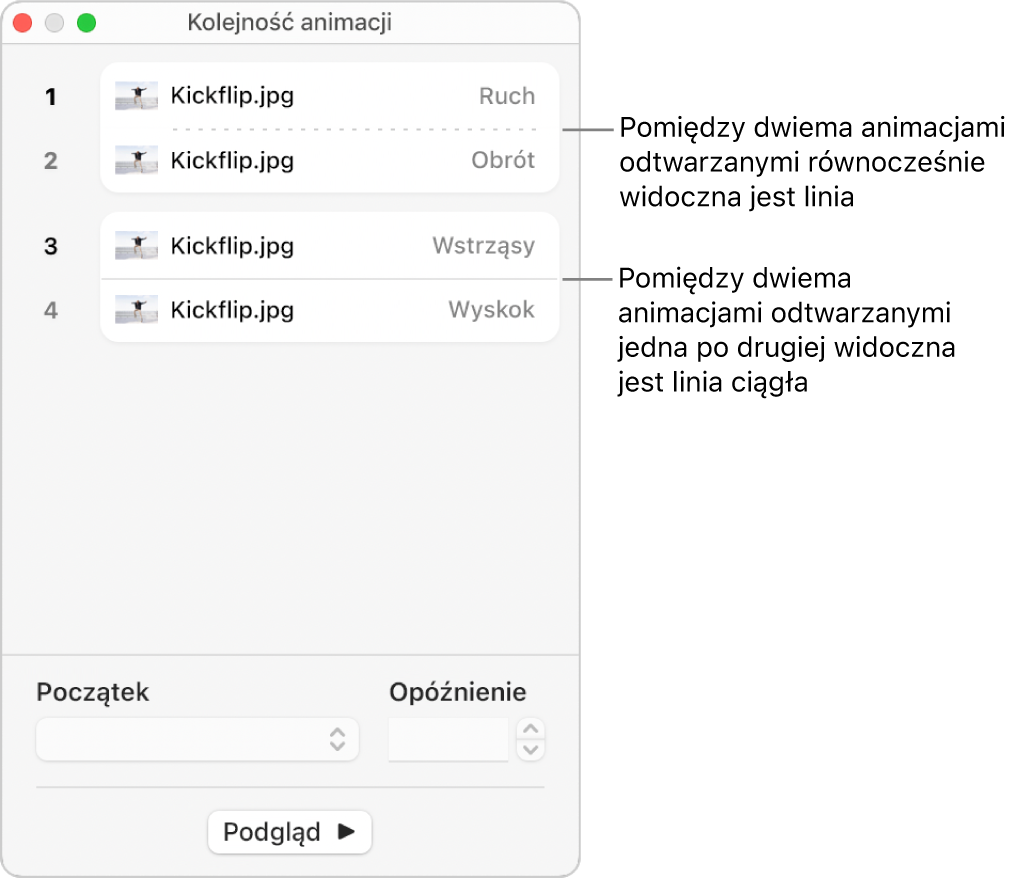 Menu Kolejność animacji z linią kropkowaną widoczną między dwoma animacjami odtwarzanymi jednocześnie oraz linią ciągłą między animacjami odtwarzanymi jedna po drugiej.