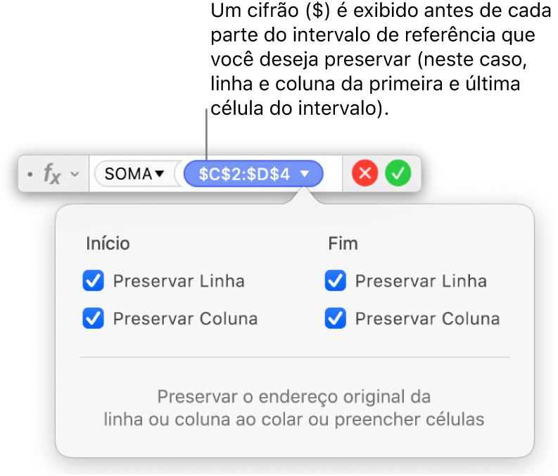 O Editor de Fórmula mostrando as opções Preservar Linha e Preservar Coluna selecionadas para um determinado intervalo.