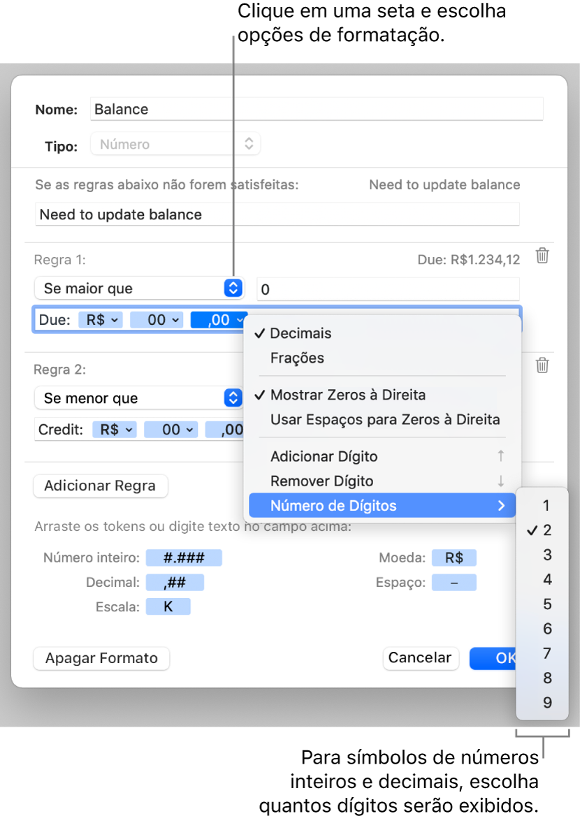 Janela de formato personalizado de célula, com controles para criar um formato de número personalizado.