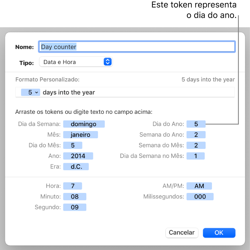 Janela de formato personalizado de célula, com controles para criar um formato de data e hora.