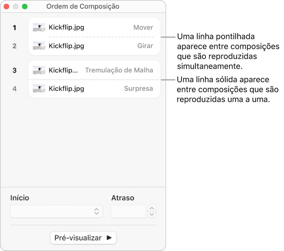 Menu “Ordem de Composição”, com uma linha pontilhada aparecendo entre composições reproduzidas simultaneamente e uma linha sólida entre composições reproduzidas uma a uma.