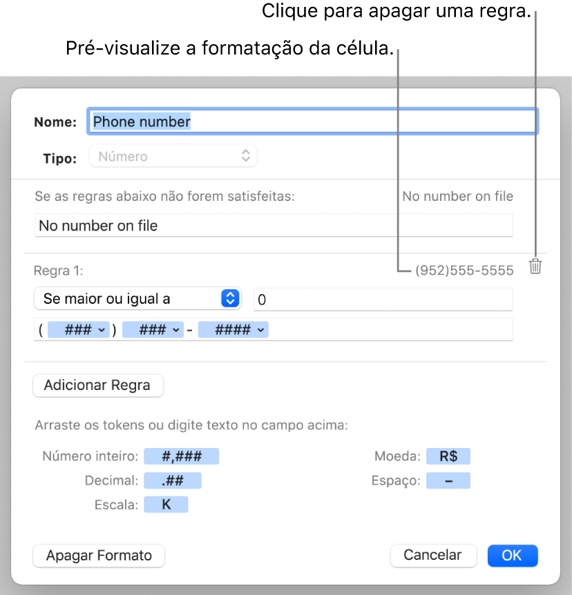 Formato personalizado de célula de número com regras.