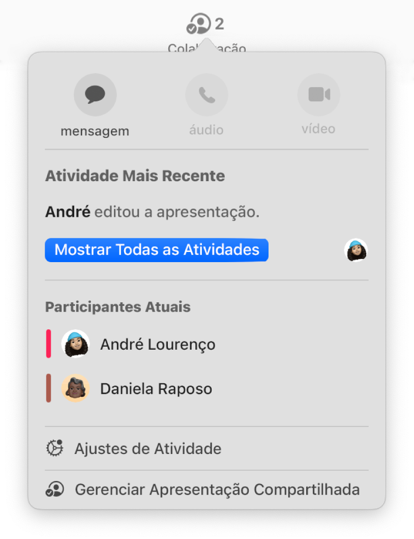 Menu de colaboração mostrando os nomes das pessoas que estão colaborando na apresentação.