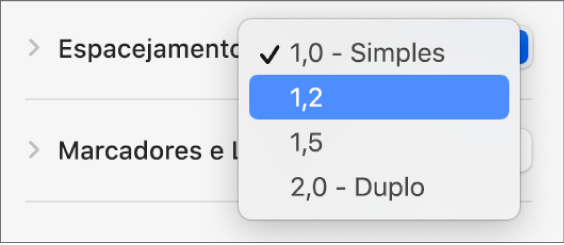 Menu local Espacejamento com as opções Simples, Duplo e outras.