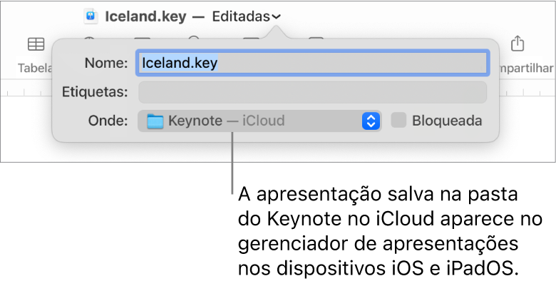 Caixa de diálogo Salvar para uma apresentação com Keynote — iCloud no menu pop-up Onde.