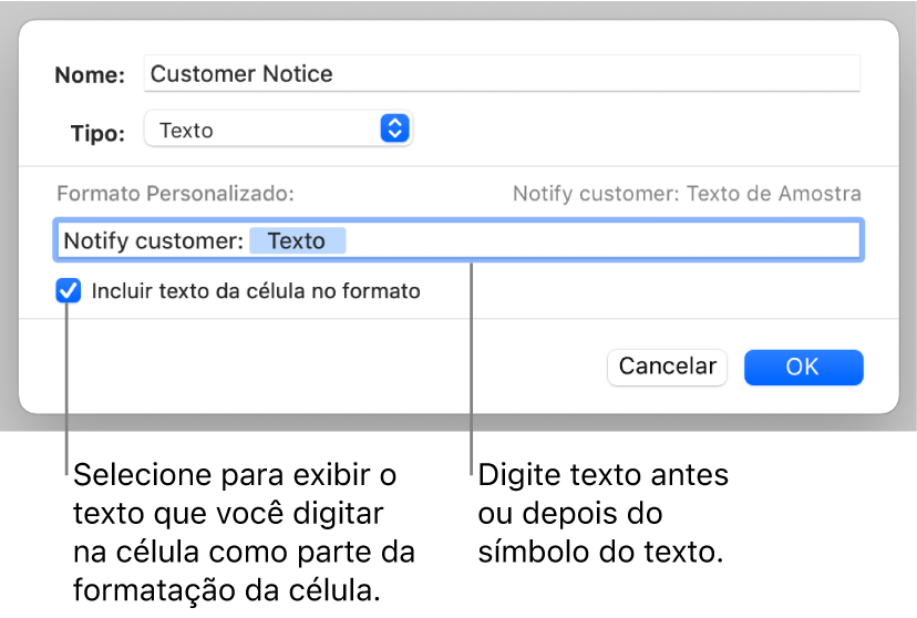 Formato personalizado de célula de texto.