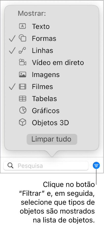 O menu pop-up “Filtro” aberto, com uma lista dos tipos de objetos que a lista pode incluir (texto, formas, linhas, imagens, filmes, tabelas e gráficos).