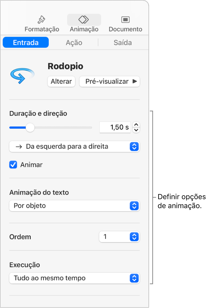 Opções de “Entrada” na secção “Animação” da barra lateral.