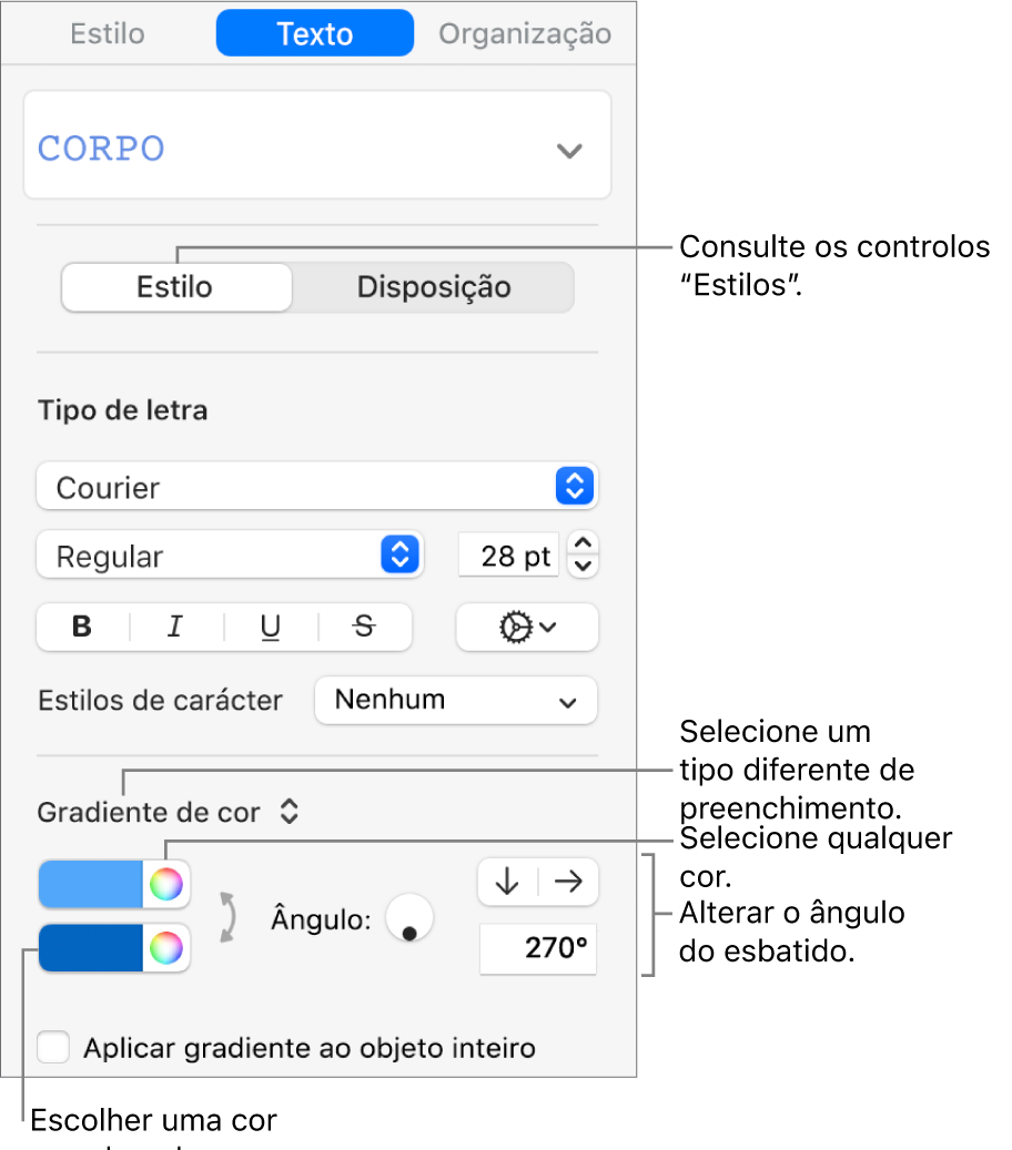 Controlos para escolher cores preconcebidas ou qualquer cor.