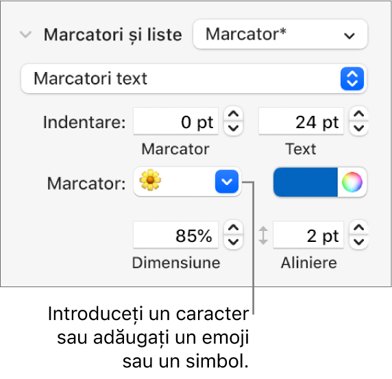 Secțiunea Marcatori și liste din bara laterală Format. Câmpul Marcatori afișează un emoji floare.