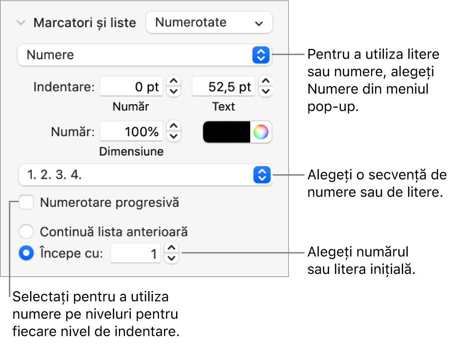 Comenzi pentru a modifica stilul de numere și spațierea unei liste.