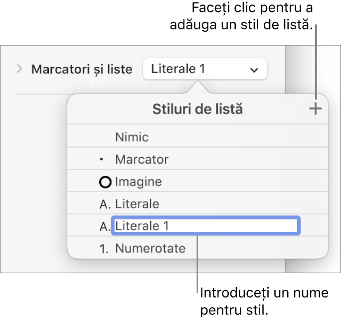 Meniul pop-up Stiluri de listă, cu un buton Adaugă în colțul din dreapta sus și un nume de stil substituent cu textul aferent selectat.