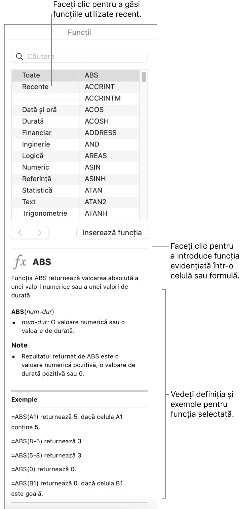 Browserul de funcții cu explicații despre funcțiile utilizate recent, butonul Inserează o funcție și definiția funcției.