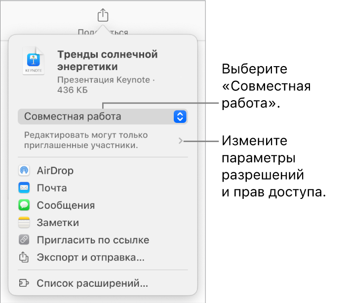 В верхней части экрана отображается меню «Поделиться». Выбран параметр «Совместная работа», под ним находятся настройки прав доступа.