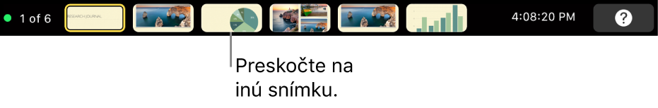 Touch Bar na MacBooku Pro, na ktorom sa zobrazujú ovládacie prvky na ukončenie prezentácie, prechod na rôzne snímky alebo prepnutie displeja prezentátora.