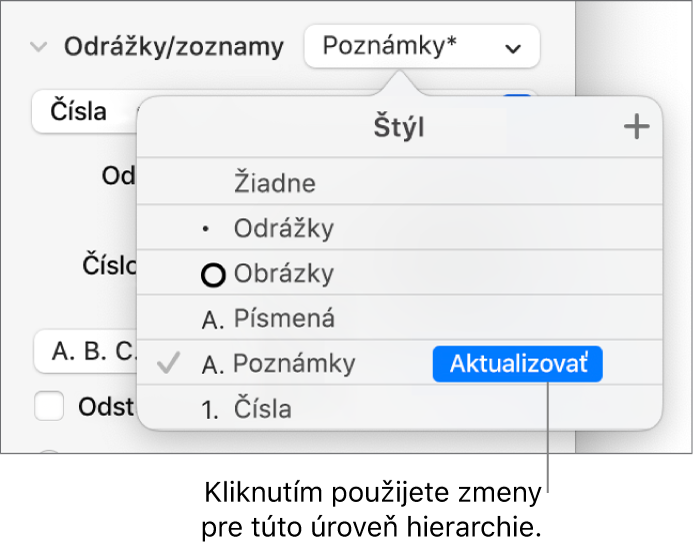 Vyskakovacie menu Štýly zoznamu s tlačidlom Aktualizovať vedľa názvu nového štýlu.