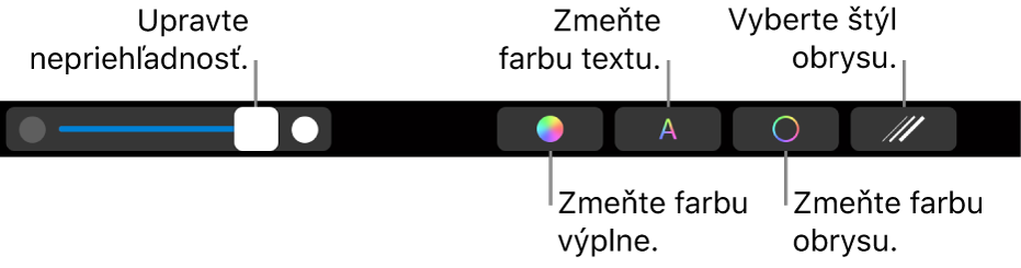 Touch Bar na MacBooku Pro, na ktorom sa zobrazujú ovládacie prvky na úpravu nepriehľadnosti tvaru, zmenu farby výplne, zmenu farby textu, zmenu farby okraja a nastavenie štýlu okraja.