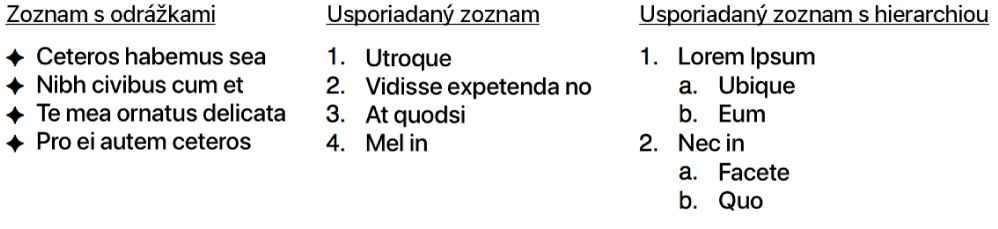 Príklady odrážkových zoznamov, usporiadaných a hierarchicky usporiadaných zoznamov.