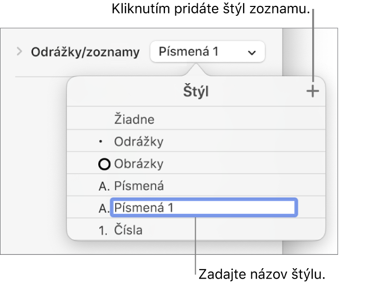 Vyskakovacie menu Štýly zoznamu s tlačidlom Pridať v pravom hornom rohu a názvom vzorového štýlu s označeným textom.