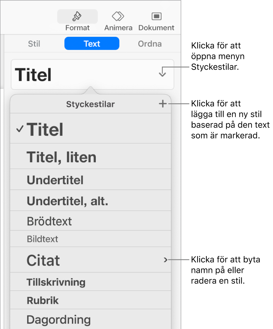 Menyn Styckestilar med reglage för att lägga till eller ändra en stil.