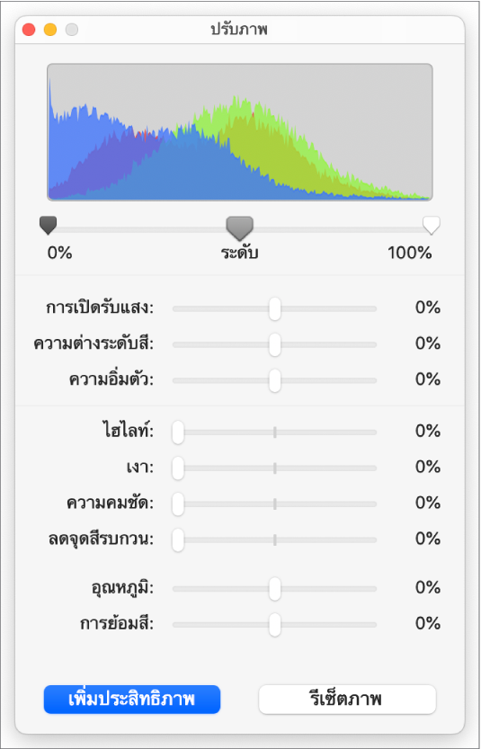 หน้าต่างปรับภาพที่มีตัวเลื่อนเพื่อตั้งค่าการเปิดรับแสง ความต่างระดับสี ความอิ่มตัว ไฮไลท์ เงา ความชัด ลดนอยซ์ อุณหภูมิ และสีอ่อน