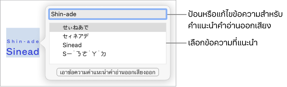 ตัวช่วยการออกเสียงเปิดสำหรับคำ ที่มีคำบรรยายไปยังช่องข้อความและข้อความที่แนะนำ