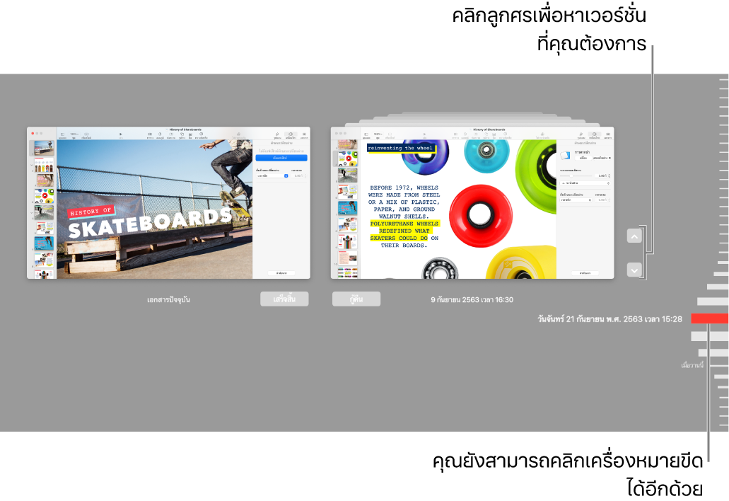 มุมมองแปลงกลับที่แสดงเครื่องหมายขีดและลูกศร