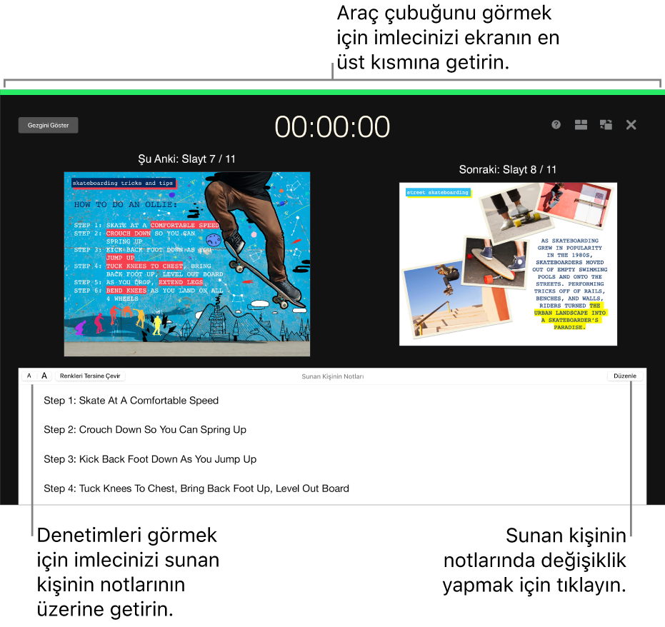 Ekranın en üstündeki slayt gezginini ve ekran seçeneklerini açma ve kapatma düğmeleri ile Keynote sunan kişinin ekranı. En altta Sunan Kişinin Notları alanı ile birlikte şu anki slayt ve bir sonraki slayt ekranın ortasında görünür.