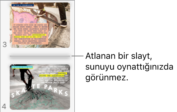 Yatay bir çizgiyle gösterilen atlanmış bir slaytı bulunan slayt kılavuzu.