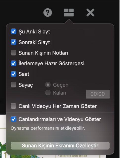 Şu Anki Slayt, Sonraki Slayt, Sunan Kişinin Notları, İlerlemeye Hazır Göstergesi, Saat ve Sayaç da dahil olmak üzere sunan kişinin ekranı seçenekleri. Sayaçta, geçen zamanı veya kalan zamanı göstermek için ek seçenekler vardır.