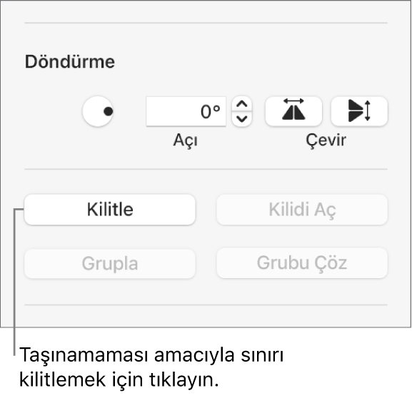 Döndür, Kilitle, ve Grupla nesne denetimleri, Kilitle düğmesi belirtilmiş.