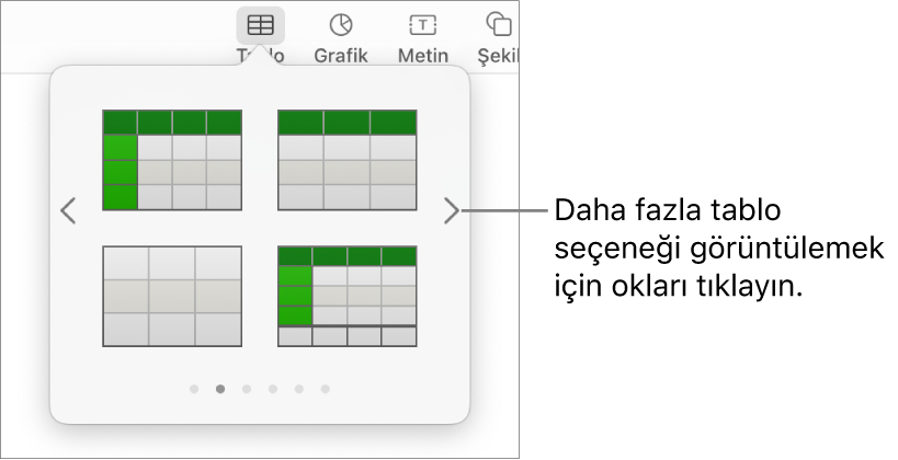 Sol ve sağda gezinme okları olan Tablo Ekle bölmesi.