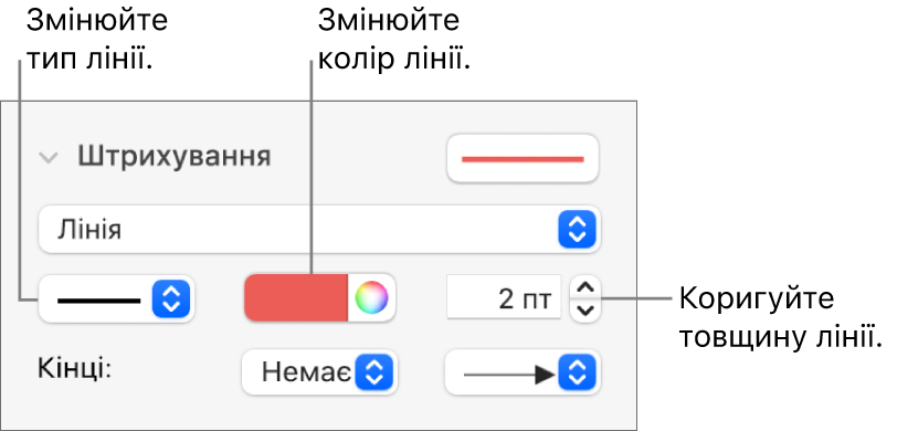 Елементи керування штрихуванням для визначення кінцевих точок, товщини ліній і кольору.