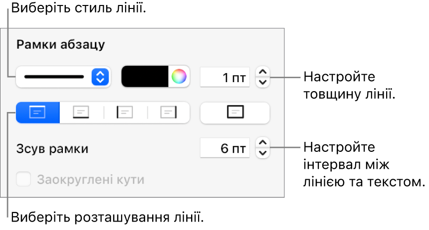 Елементи керування стилем, товщиною, положенням та кольором лінії.