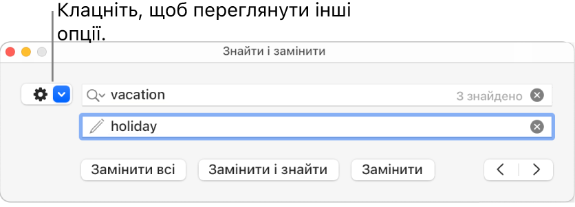 Вікно «Пошук і заміна» з виноскою на спливне меню, яке містить додаткові опції.