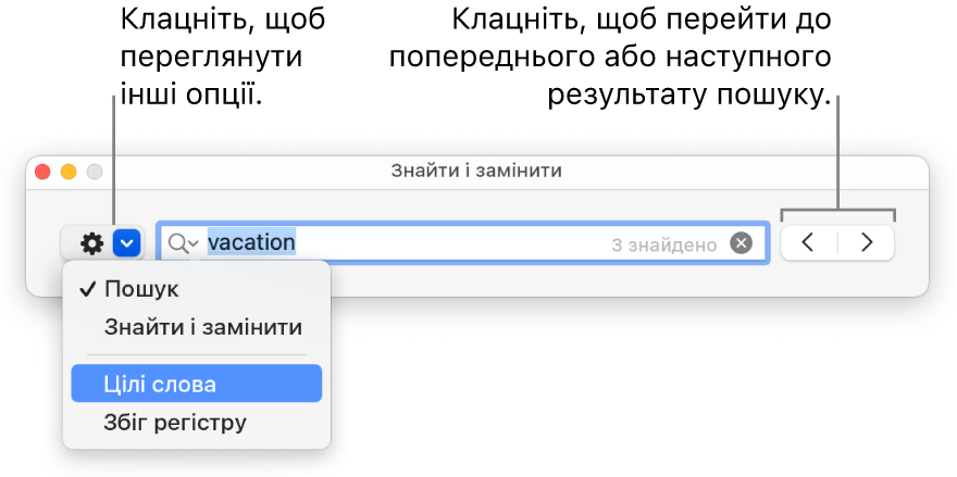 Вікно «Пошук і заміна» зі спливним меню опцій «Пошук», «Пошук і заміна», «Цілі слова» та «Збіг регістру». Стрілки праворуч дають змогу перейти до попереднього або наступного результату пошуку.