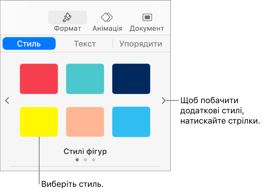 Вкладка «Стиль» на бічній панелі «Формат», шість стилів обʼєктів і стрілки навігації зліва і справа.