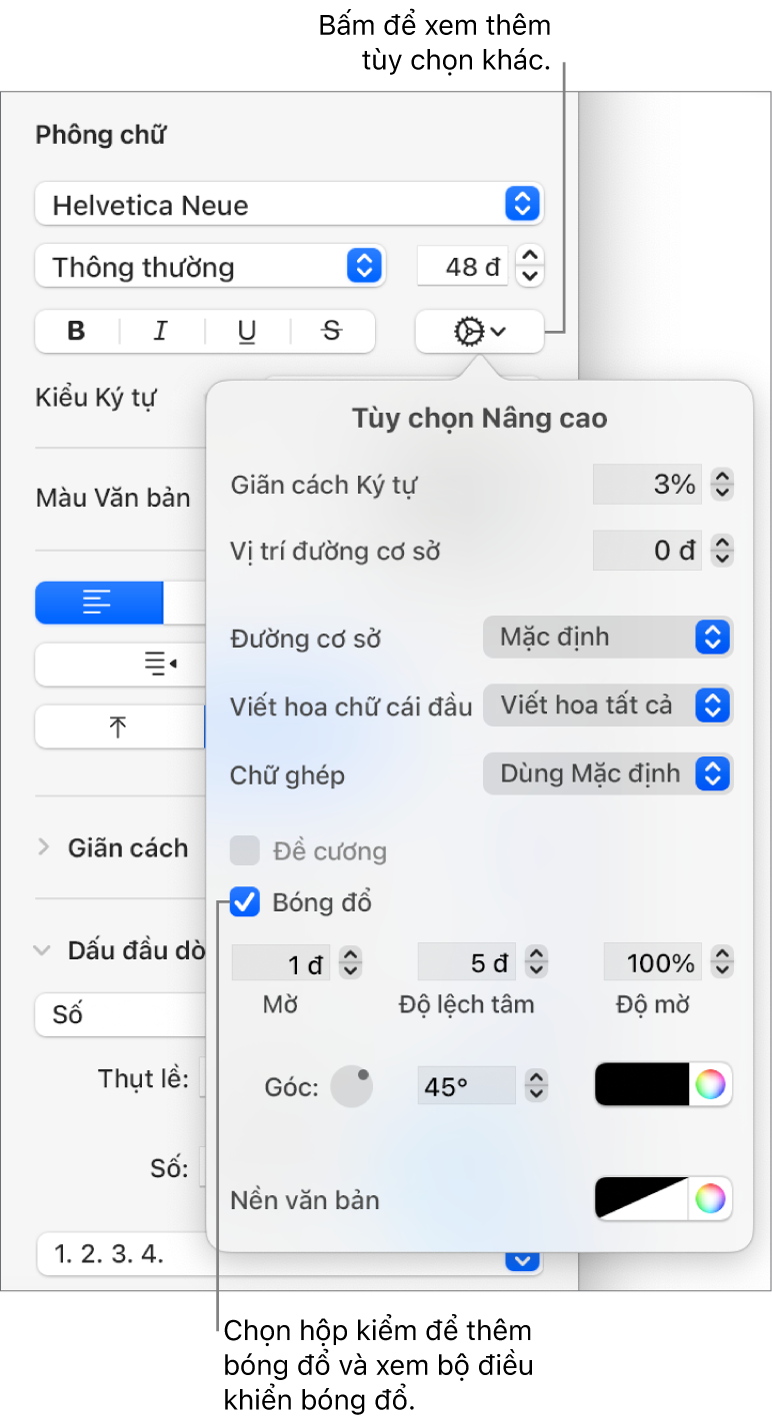 Tùy chọn nâng cao mở với hộp kiểm Bóng đổ được chọn và các điều khiển để đặt độ mờ, độ bù, độ chắn sáng, góc và màu.