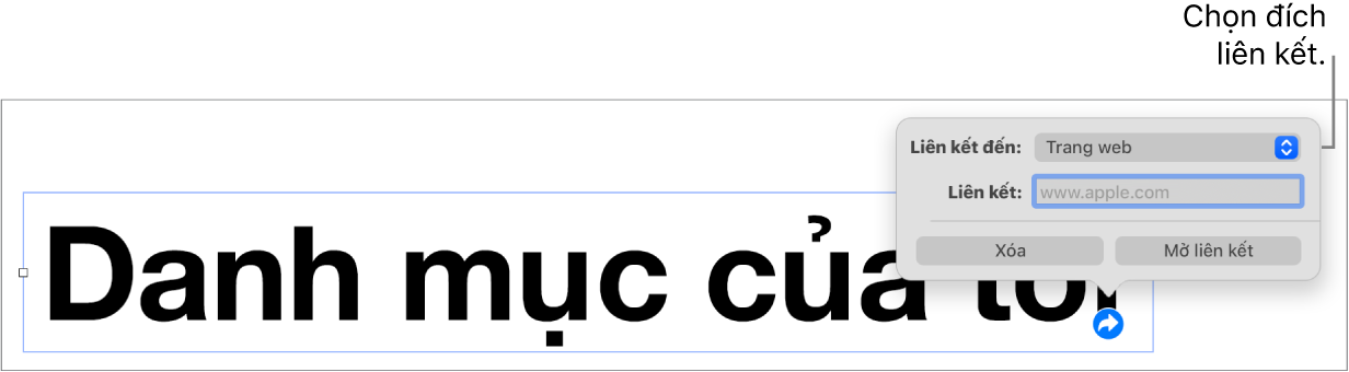 Các điều khiển của trình sửa liên kết với Trang web được chọn và các nút Xóa và Mở liên kết nằm ở cuối.