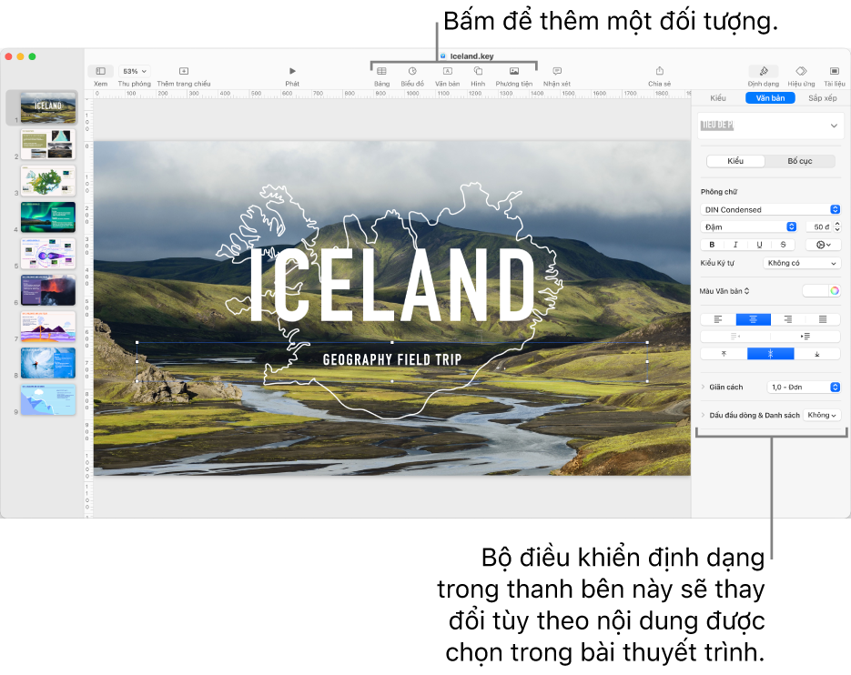 Các nút Keynote trong thanh công cụ để thêm đối tượng và mở thanh bên.