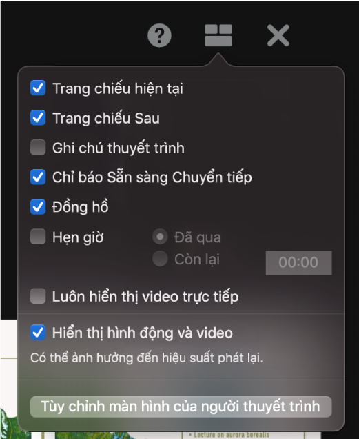 Các tùy chọn màn hình của người thuyết trình, bao gồm Trang chiếu hiện tại, Trang chiếu tiếp theo, Ghi chú thuyết trình, Chỉ báo Sẵn sàng chuyển tiếp, Đồng hồ và Hẹn giờ. Hẹn giờ có các tùy chọn bổ sung để hiển thị thời gian đã qua hoặc thời gian còn lại.