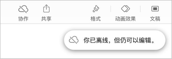 屏幕顶部的按钮，“协作”按钮已变成带有对角线的云图标。屏幕上的提醒显示：“你已离线，但仍可以编辑。”