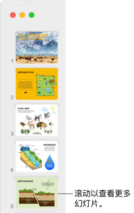 幻灯片导航器按顺序垂直显示了五张幻灯片，包含用于向下滚动以查看更多幻灯片的选项。