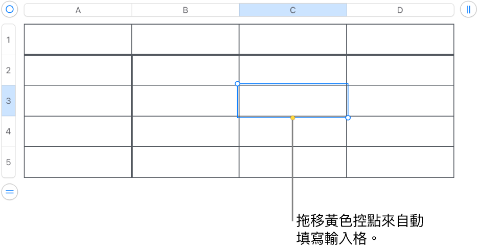 選取的輸入格帶有黃色控點，你可以拖移來自動填滿輸入格。