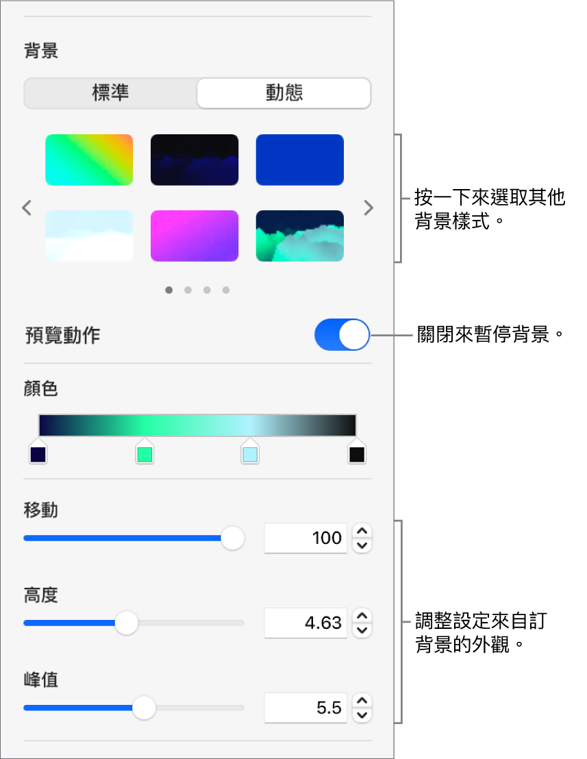 在「格式」側邊欄的「背景」區域中選取了「動態」按鈕，動態背景樣式、「預覽動作」控制項目和外觀控制項目隨即顯示。