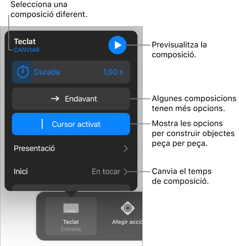 Les composicions d’entrada tenen les opcions Durada, Presentació i “Temporització d’inici”. Toca Canviar per seleccionar una entrada diferent, o toca Previsualitzar per previsualitzar la composició.