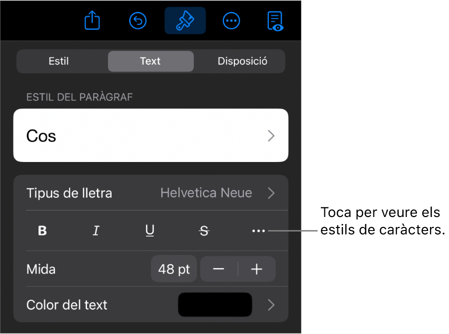 Els controls de Format amb estils de paràgraf a la part superior i, després, els controls de “Tipus de lletra”. A sota de “Tipus de lletra” hi ha els botons Negreta, Cursiva, Subratllat, Ratllat i “Més opcions de text”.