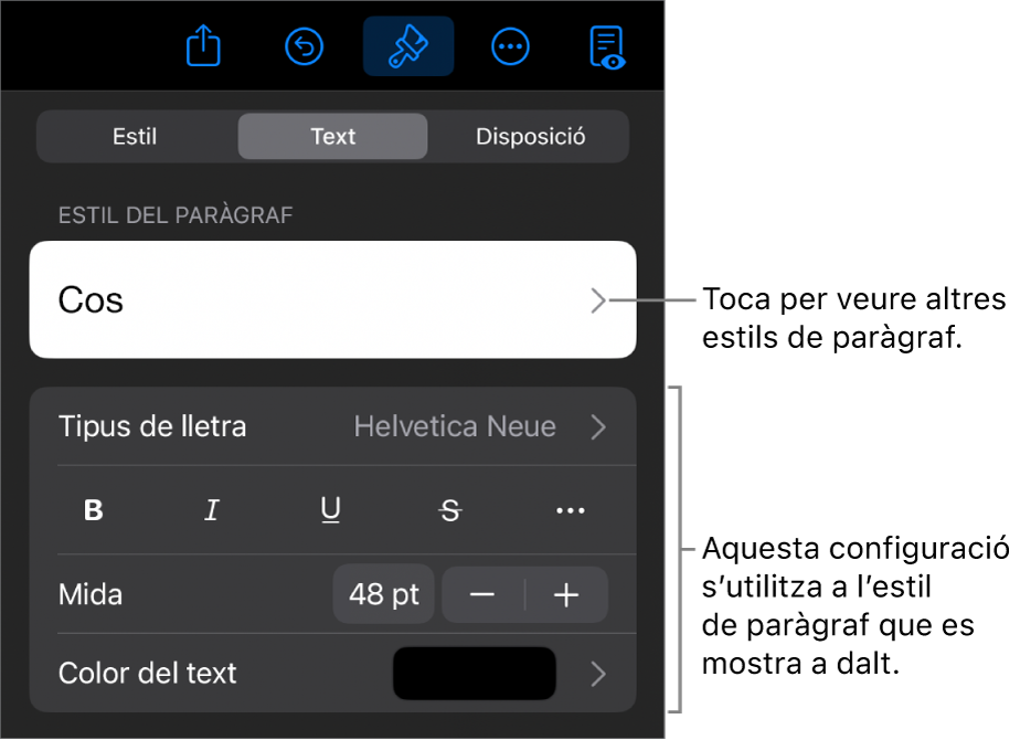 El menú Format amb els controls de text per definir els estils de paràgraf i de caràcter, el tipus de lletra, la mida i el color.